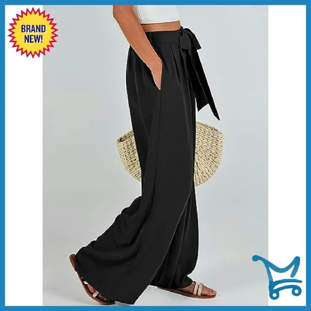 Wide Leg Palazzo Pants High Waist Flowy Linen Casual Lounge Trousers